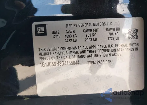 2016 Chevrolet Sonic Lt Auto from USA, damaged, VIN 1G1JC5SH3G4135044